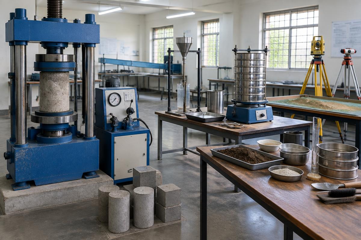 Civil engineering college laboratory with concrete, soil and surveying equipment