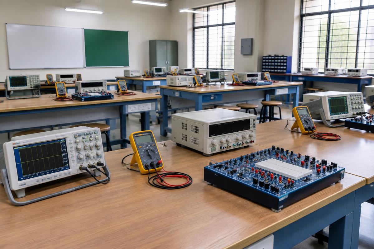 Electrical and electronics college laboratory with oscilloscopes and circuit trainers