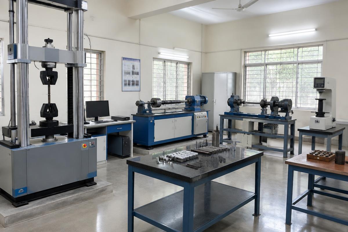 Mechanical engineering college laboratory with materials testing equipment